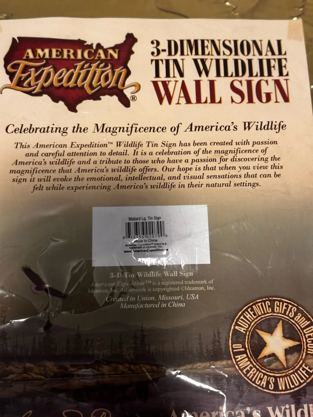 American Expedition Mallard Duck tin wildlife wall, sign, rustic cabin decor